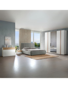 Camera da letto Amor con armadio 6 ante con specchio e letto imbottito con contenitore colore bianco e dettagli rovere - Kallea