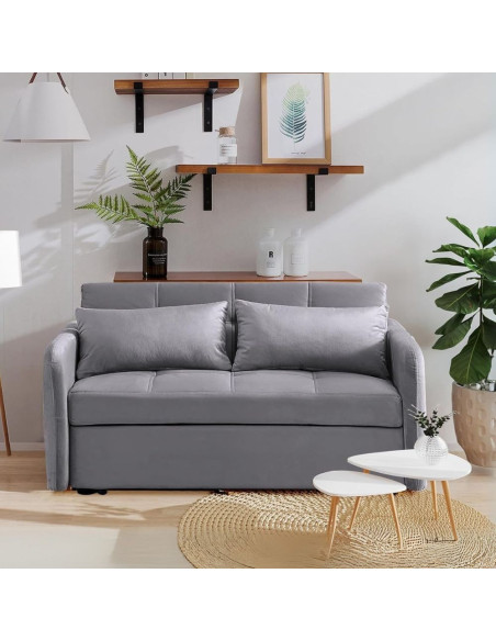 Divano letto Clorene in velluto grigio con tasche e presa USB laterale - Kallea