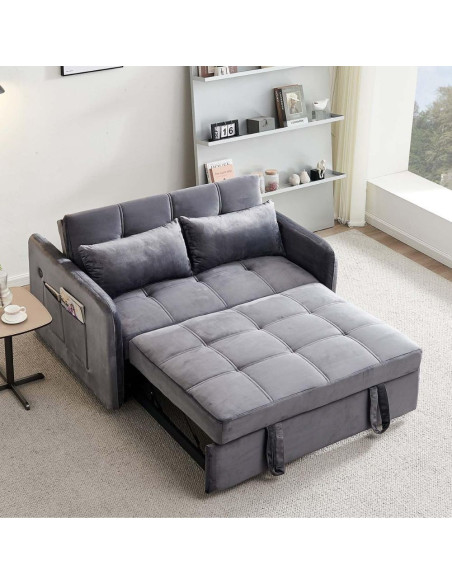Divano letto Clorene in velluto grigio con tasche e presa USB laterale - Kallea