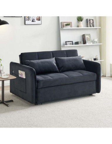 Divano letto Clorene in velluto nero con tasche e presa USB laterale - Kallea