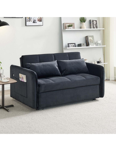 Divano letto Clorene in velluto nero con tasche e presa USB laterale - Kallea