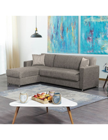 Divano letto Dugo con penisola contenitore reversibile in tessuto Mina 07 tortora e piedini cromo - Kallea