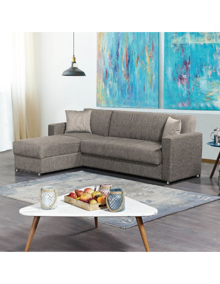 Divano letto Dugo con penisola contenitore reversibile in tessuto Mina 07 tortora e piedini cromo - Kallea