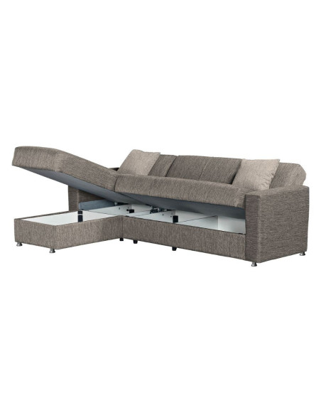 Divano letto Dugo con penisola contenitore reversibile in tessuto Mina 07 tortora e piedini cromo - Kallea