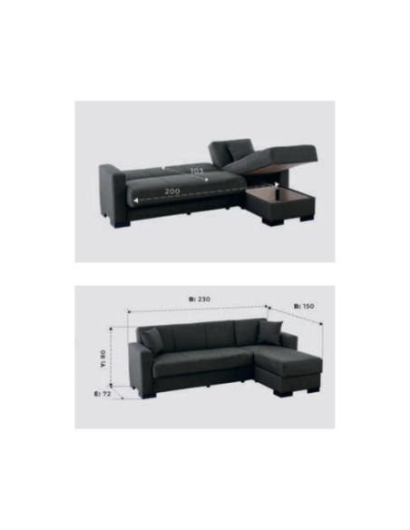 Divano letto Dugo con penisola contenitore reversibile in tessuto Mina 07 tortora e piedini cromo - Kallea