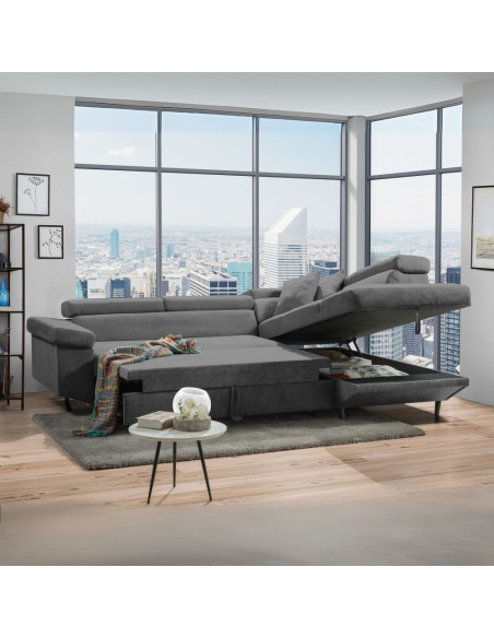 Divano letto Denver con penisola contenitore destra in Degas 92 grigio - Kallea