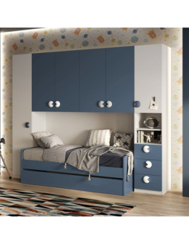 Cameretta a ponte Gilbert bianco opaco e blu navy con letto estraibile - Kallea