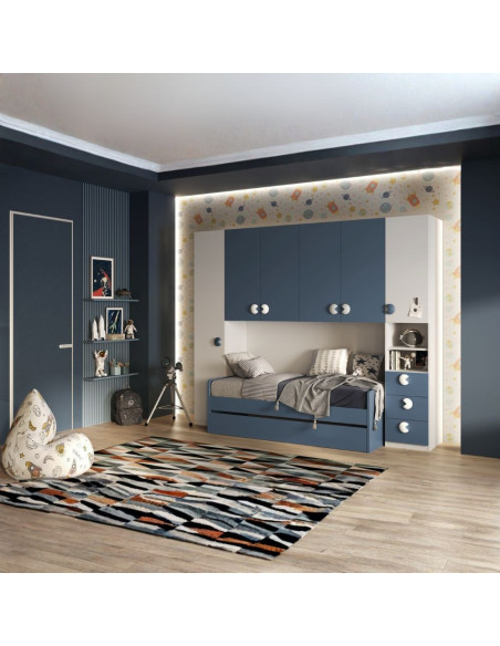 Cameretta a ponte Gilbert bianco opaco e blu navy con letto estraibile - Kallea