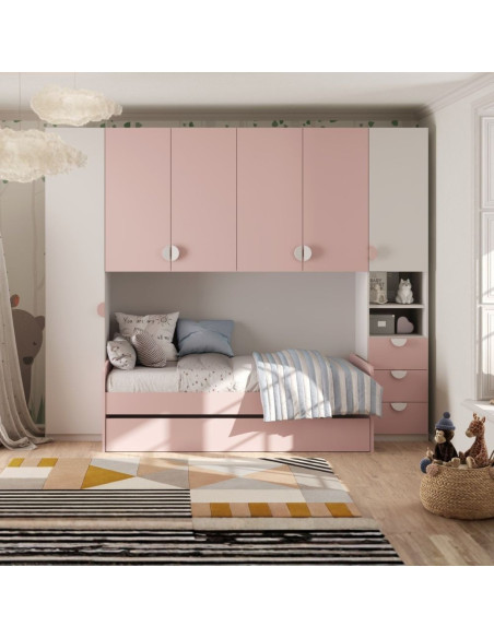Cameretta a ponte Gilbert bianco opaco e rosa flamingo con letto estraibile - Kallea