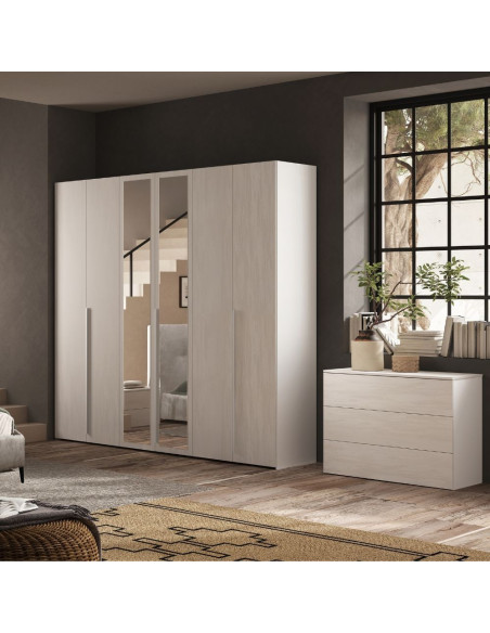 Camera da letto Michela con armadio 6 ante battenti con specchio in bianco neve e letto matrimoniale Stiletto tortora - Kallea