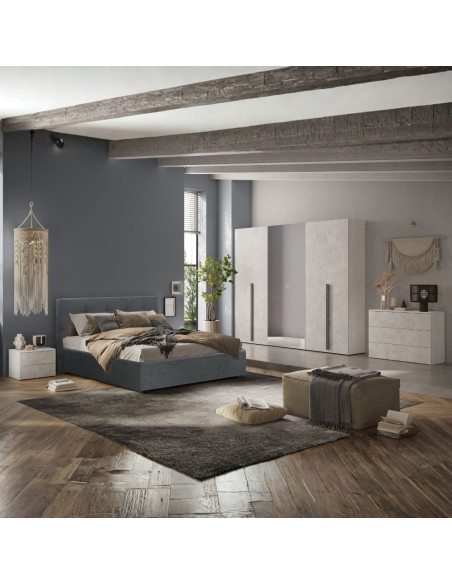 Camera da letto Aria con armadio 6 ante battenti con specchio in bianco spatolato neve e letto matrimoniale Ascoli grigio - K...