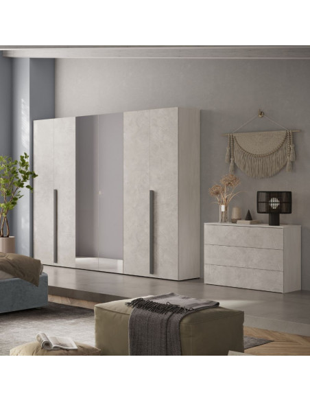 Camera da letto Aria con armadio 6 ante battenti con specchio in bianco spatolato neve e letto matrimoniale Ascoli grigio - K...