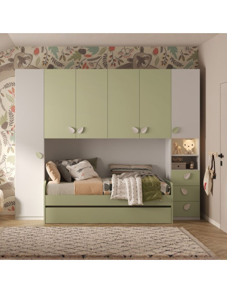 Cameretta a ponte Gilbert bianco opaco e verde pistacchio con letto estraibile - Kallea