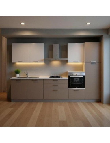 Cucina lineare Luna ml.330 con colonna destra e base tortora e pensili bianchi - Kallea