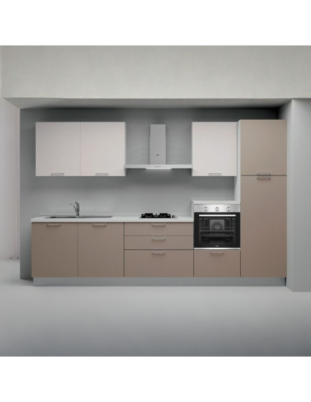 Cucina lineare Luna ml.330 con colonna destra e base tortora e pensili bianchi - Kallea