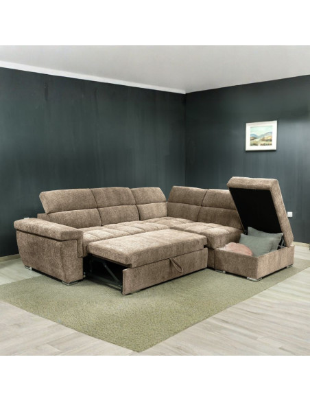 Divano letto angolare reversibile Amalfi con 5 poggiatesta regolabili e pouf indipendente in tessuto Giulia 9703 cappuccino -...