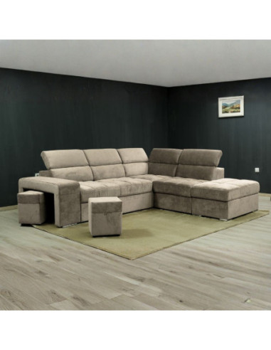 Divano angolare reversibile Positano con 5 poggiatesta regolabili e 2 pouf indipendenti in Barrel 09 cappuccino - Kallea