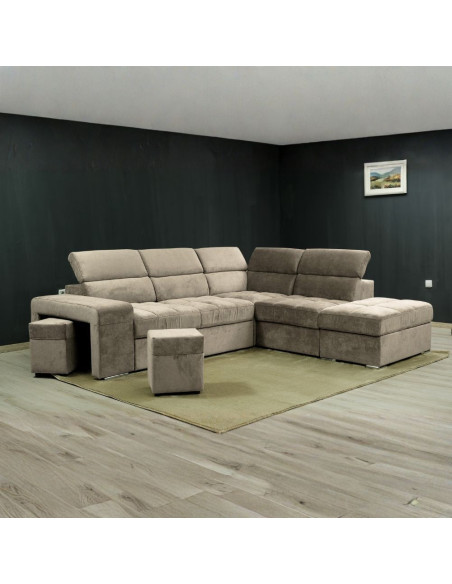 Divano angolare reversibile Positano con 5 poggiatesta regolabili e 2 pouf indipendenti in Barrel 09 cappuccino - Kallea