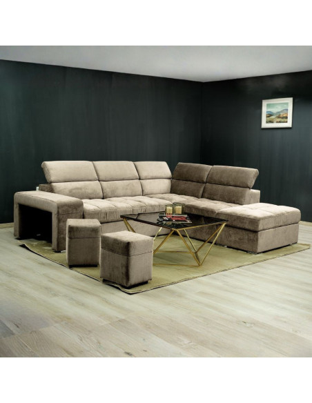 Divano angolare reversibile Positano con 5 poggiatesta regolabili e 2 pouf indipendenti in Barrel 09 cappuccino - Kallea