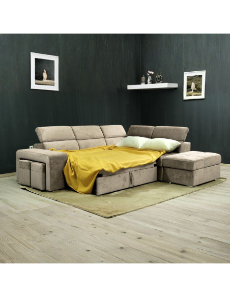 Divano angolare reversibile Positano con 5 poggiatesta regolabili e 2 pouf indipendenti in Barrel 09 cappuccino - Kallea