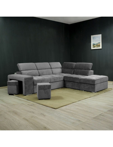 Divano angolare reversibile Positano con 5 poggiatesta regolabili e 2 pouf indipendenti in Barrel 90 grigio - Kallea
