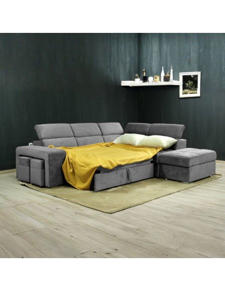 Divano angolare reversibile Positano con 5 poggiatesta regolabili e 2 pouf indipendenti in Barrel 90 grigio - Kallea