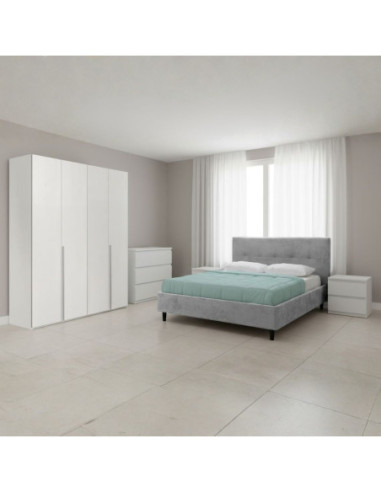 Camera da letto Georgie con armadio 4 ante bianco larice e letto Snello grigio chiaro - Kallea
