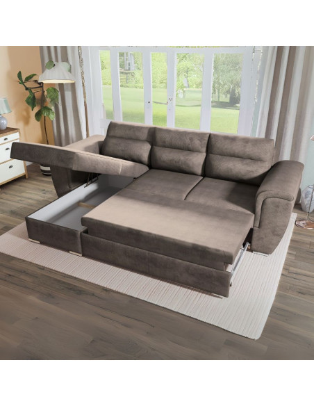 Divano Kendall II con letto estraibile e penisola contenitore reversibile in tessuto Giulia 9703 cappuccino - Kallea