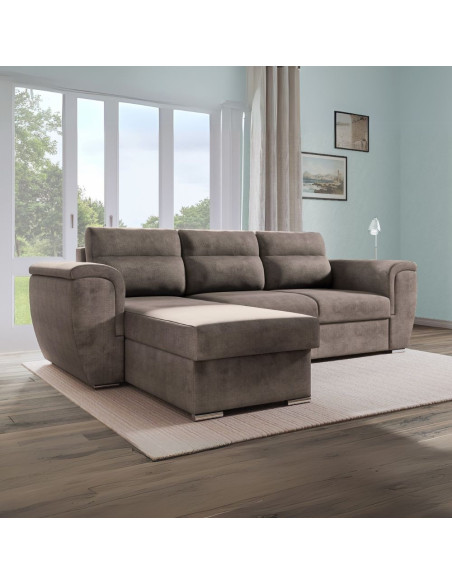 Divano Kendall II con letto estraibile e penisola contenitore reversibile in tessuto Giulia 9703 cappuccino - Kallea