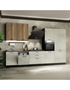 Cucina completa Micol destra con struttura in antracite basi e colonne in cemento bianco e pensili in olmo tabacco - Kallea