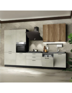 Cucina completa Micol sinistra con struttura in antracite basi e colonne in cemento bianco e pensili in olmo tabacco - Kallea