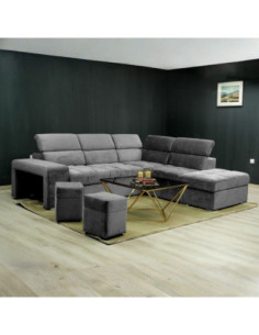 Divano angolare reversibile Positano con 5 poggiatesta regolabili e 2 pouf indipendenti in Barrel 90 grigio - Kallea