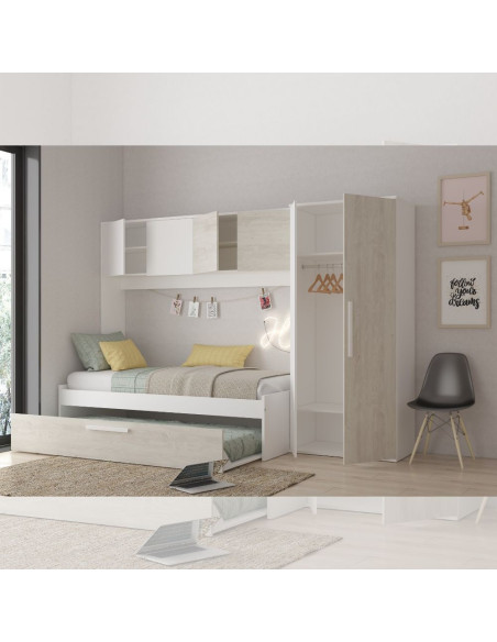 Cameretta a ponte 6006 con letto estraibile e armadio colore bianco consumato e bianco reversibile - Kallea