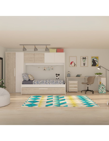 Cameretta a ponte 6006 con letto estraibile e armadio colore bianco consumato e bianco reversibile - Kallea