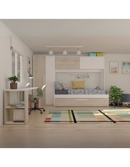 Cameretta a ponte 6006 con letto estraibile e armadio colore bianco consumato e bianco reversibile - Kallea
