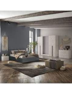 Camera da letto Aria con armadio 6 ante battenti con specchio in bianco spatolato neve e letto matrimoniale Ascoli grigio - K...