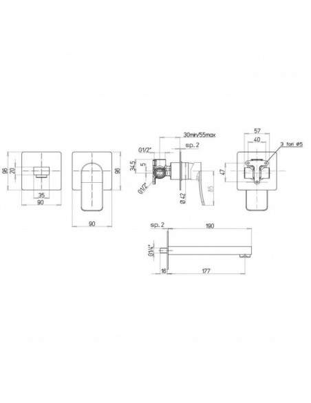 Rubinetto lavabo Jacuzzi a parete con bocca di erogazione lunga 190mm e piastre da 96x96mm Tank 0TN00497JA00 - Kallea