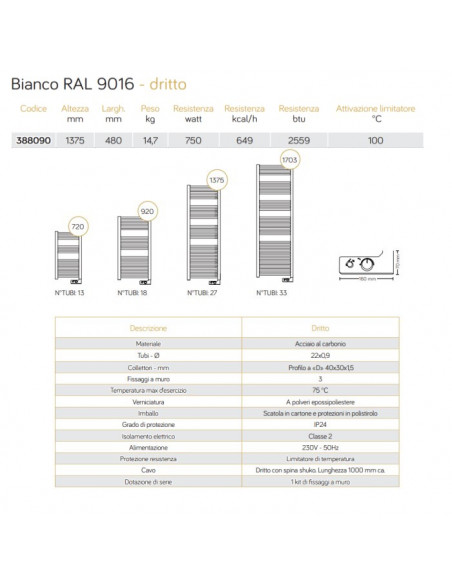 Termoarredo Lazzarini serie Cortina Analogic elettrico 1375 x 480 mm bianco ral 9016 dritto - Kallea