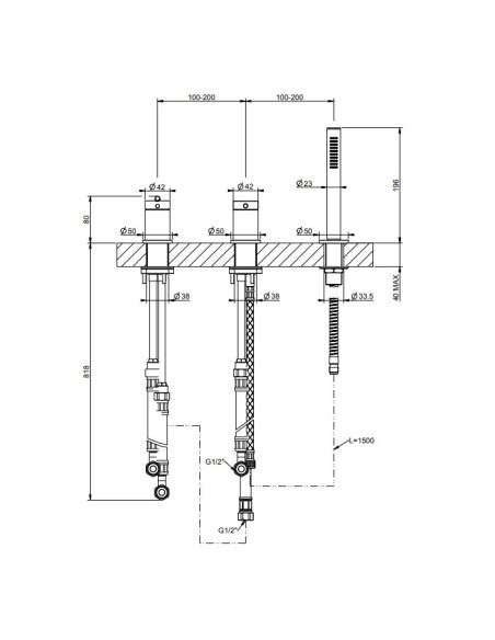 Gruppo Vasca Gessi serie Ingranaggio 3 fori cod.63547 deviatore flessibile 1,50 m e doccetta anticalcare - Kallea