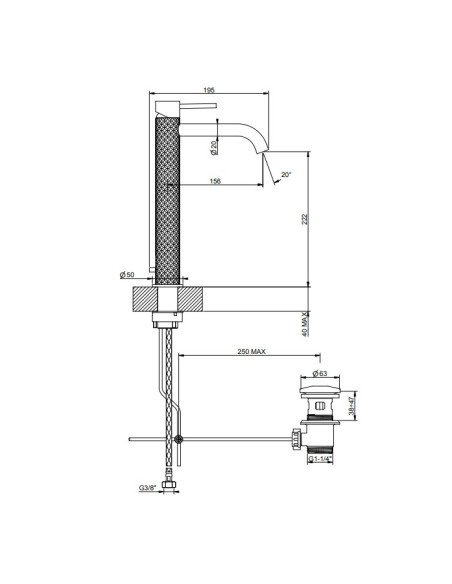 Miscelatore Lavabo alto Gessi serie 316 Intreccio bocca lunga 54103 con scarico e flessibili di collegamento - Kallea