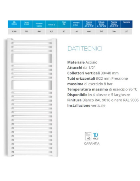 Termoarredo serie Zeta T 1200x550 mm 500 Interasse bianco RAL9016 - Dritto - Kallea