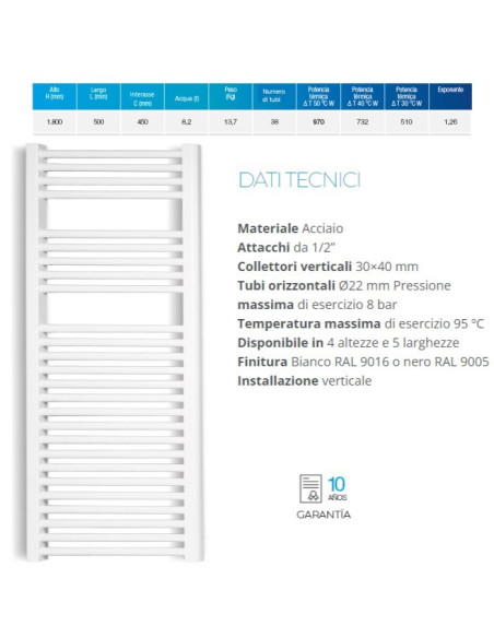 Termoarredo serie Zeta T 1800x500 mm 450 Interasse bianco RAL9016 - Dritto - Kallea