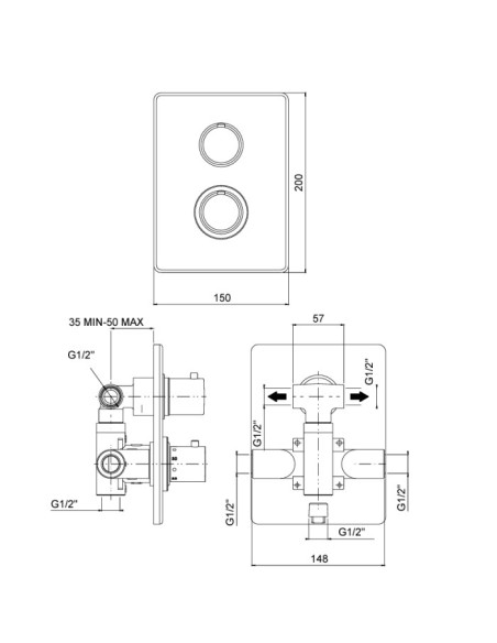 Gruppo incasso doccia Jacuzzi termostatico serie Sunset con rubinetto di arresto e deviatore rotativo 2 uscite 0SU00444JA01 c...
