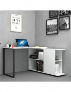 Scrivania 120x60 con top in legno bianco e libreria in legno rovere chiaro  e nero h150